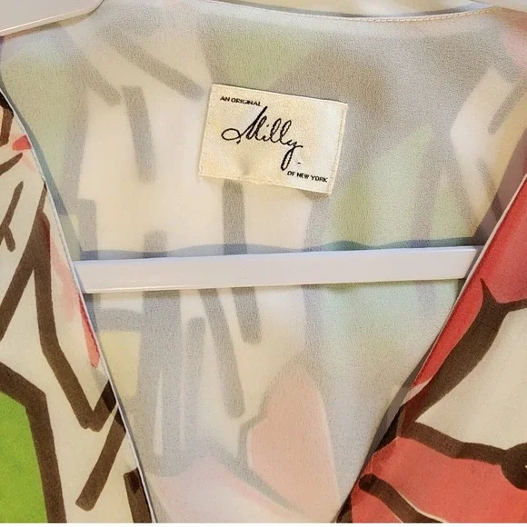 Milly Floral Print Dress Sheer Long Sleeve V Neck Multicolor Size S - Picture 3 of 9